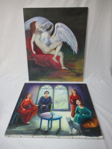 Null CHRIS (Lioni Christiane), 一批两幅油画："Au salon" - "Leda and the Swan"。从45到61厘米