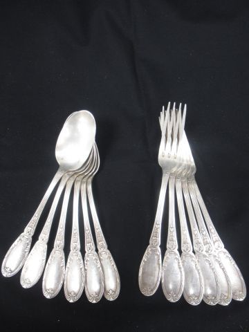 Null Set of 6 forks and 6 spoons in silver plated metal with plant decoration