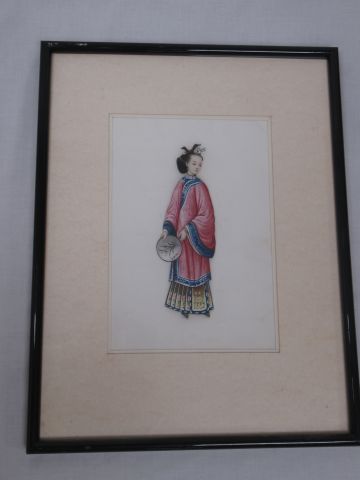 Null CHINE - Gouache sur papier de riz figurant une jeune-femme, 22x15cm, encadr&hellip;