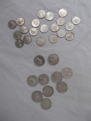 Null Lot de pièces en argent, Semeuse : 10 de 5 francs et 20 de 1 franc, poids :&hellip;