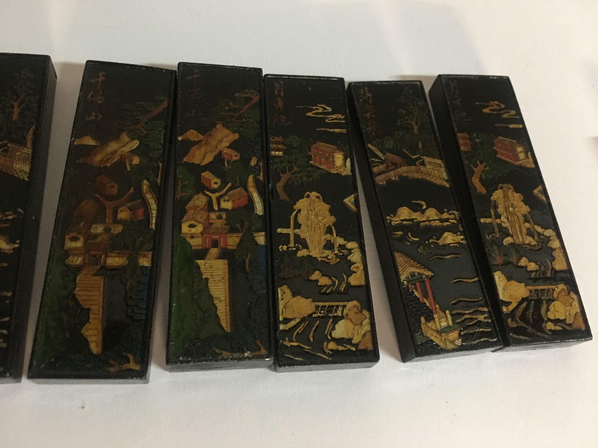 Null CHINA (XIXth) Lot of ten small hard stone tablets decorated with a landscap&hellip;