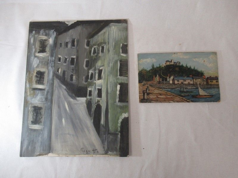 Null 两件等高线油画作品，一件表现港口（作者：马塞尔-贝贡），另一件表现街道（已签名），从23到40厘米