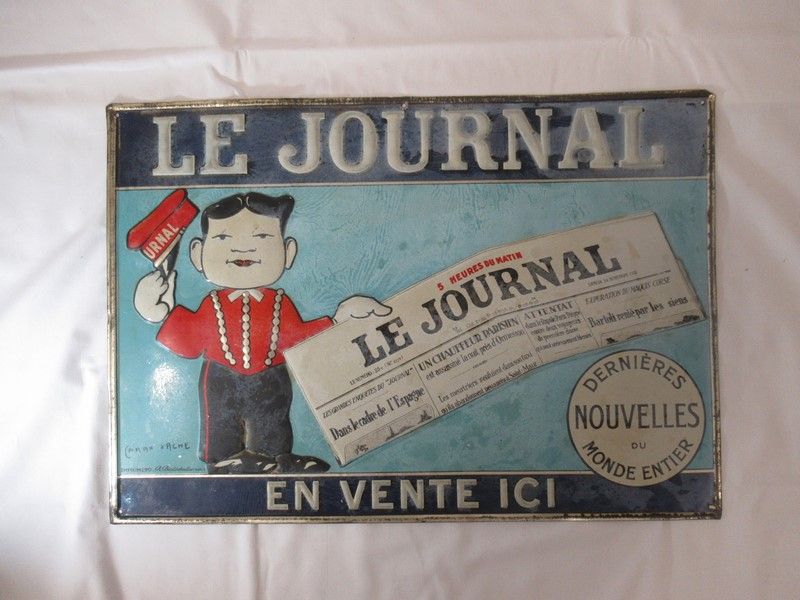 Null Panneau publicitaire en métal émaillé. "Le journal". Imprimeto. 35 x 49 cm.&hellip;