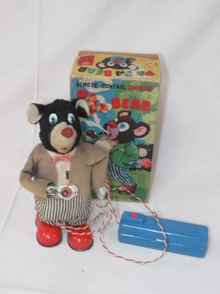 Null SAN 机械玩具，图案是一只吸烟的小熊。高度：26 厘米（有污点，有磨损） 包装盒内（有磨损）。