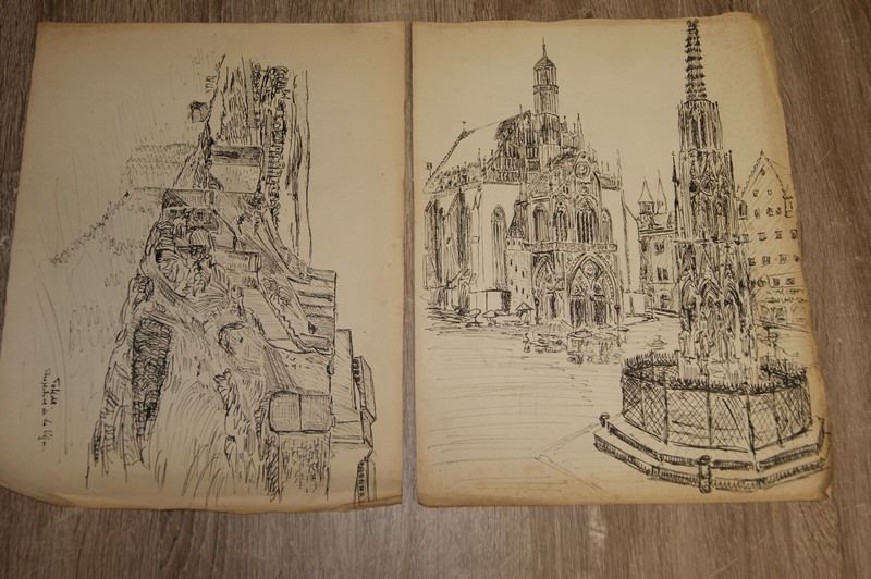 Null Lot de de dessins, figurant une cathédrale et un paysage. 31 x 24 cm En feu&hellip;