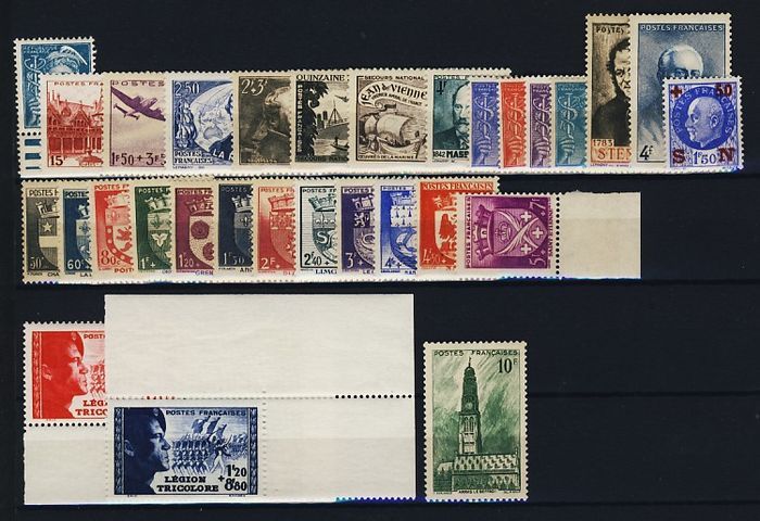 Null France - Année 1942 (n°538 à 567), 32 timbres (++). Cote 97€.