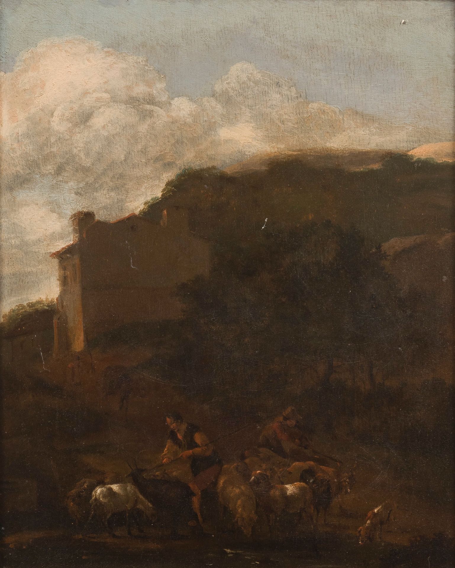 ÉCOLE HOLLANDAISE DE LA FIN DU XVIIÈME SIÈCLE, SUIVEUR DE BERCHEM 牧羊人和他们的羊群
板上油画&hellip;