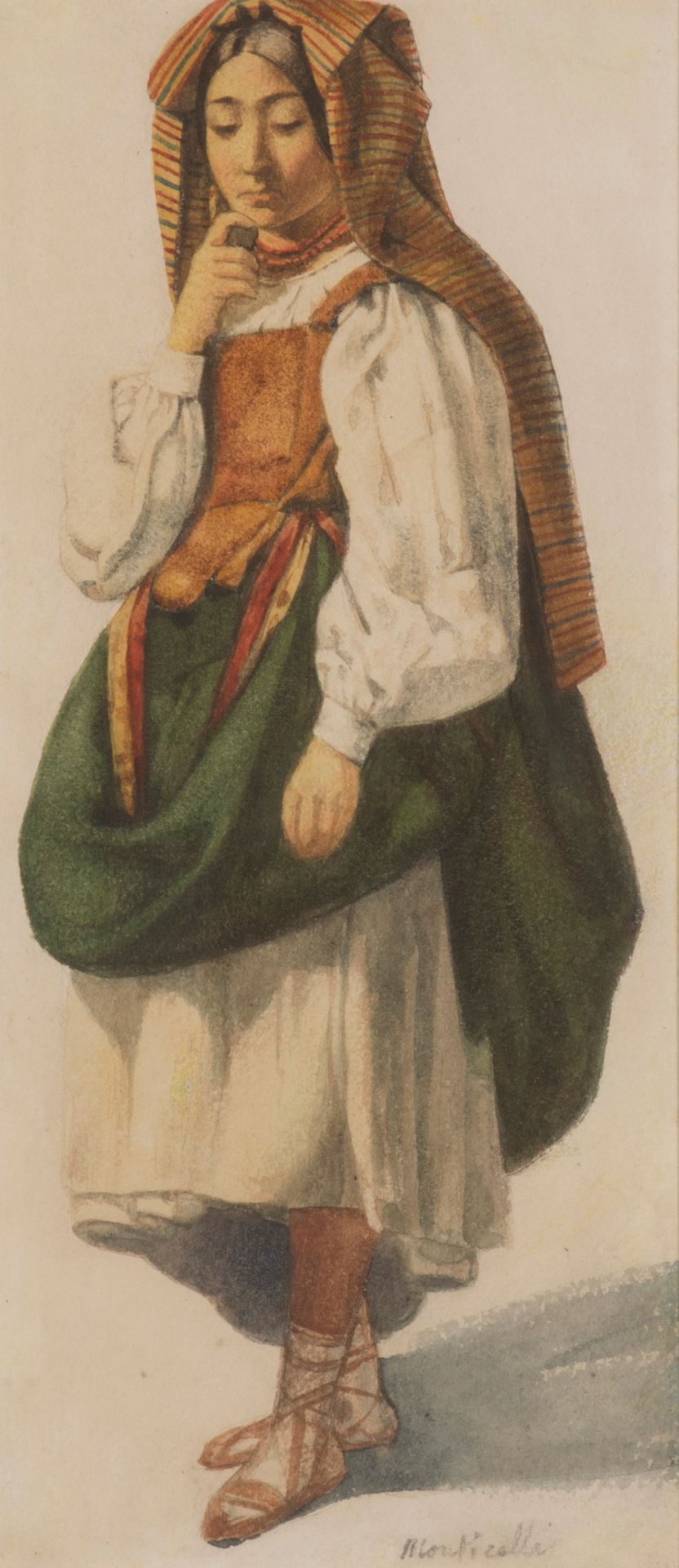 École italienne 穿着服装的女人
纸上水彩画，右下角有签名。
带框。
29 x 12 cm