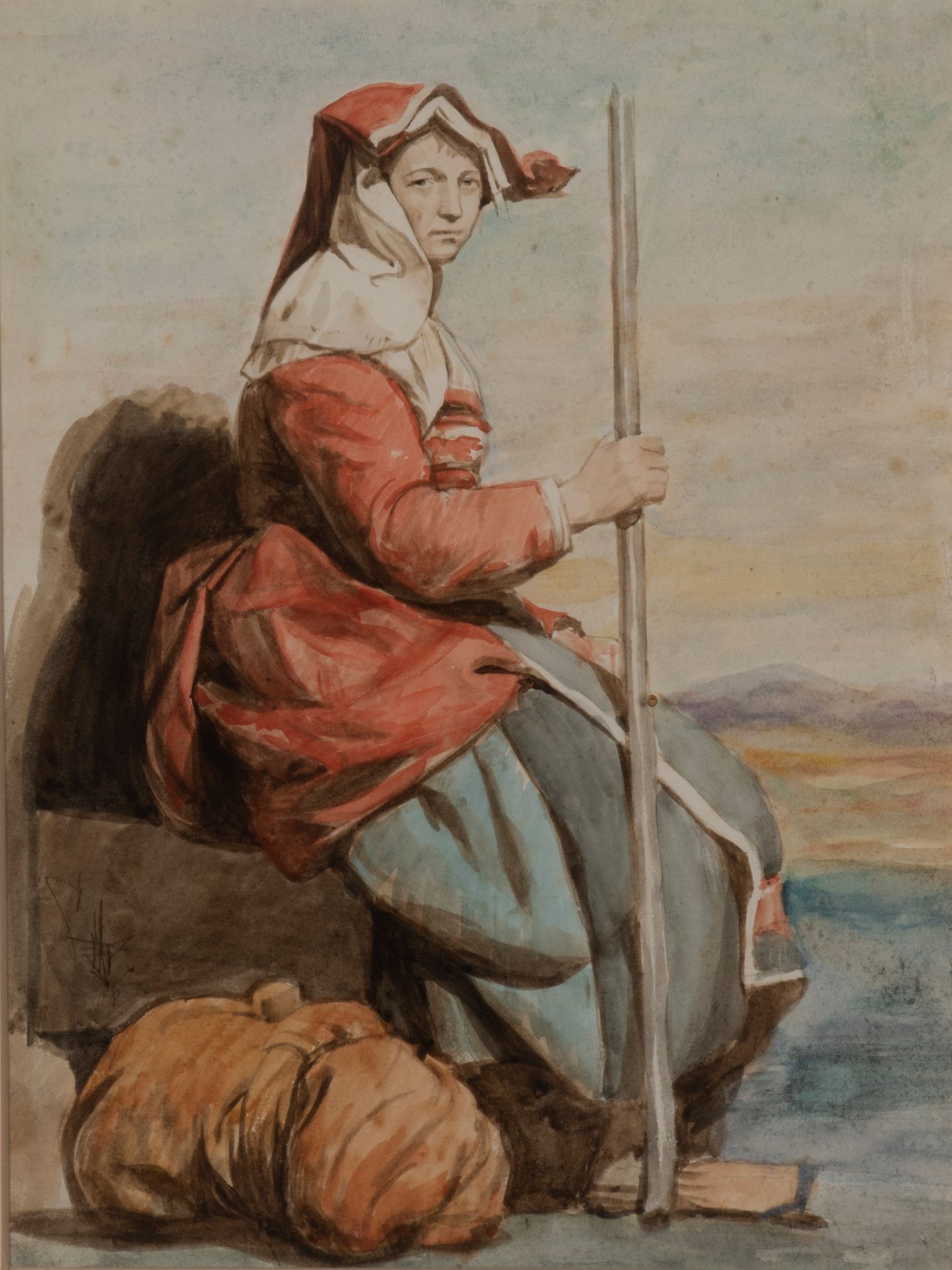 École italienne 坐在服装上的女人，拿着鼓的女人，拿着纺车的女人
一套三幅纸上水彩画。
带框。
28.5 x 22.5 cm ; 31 x 18.&hellip;