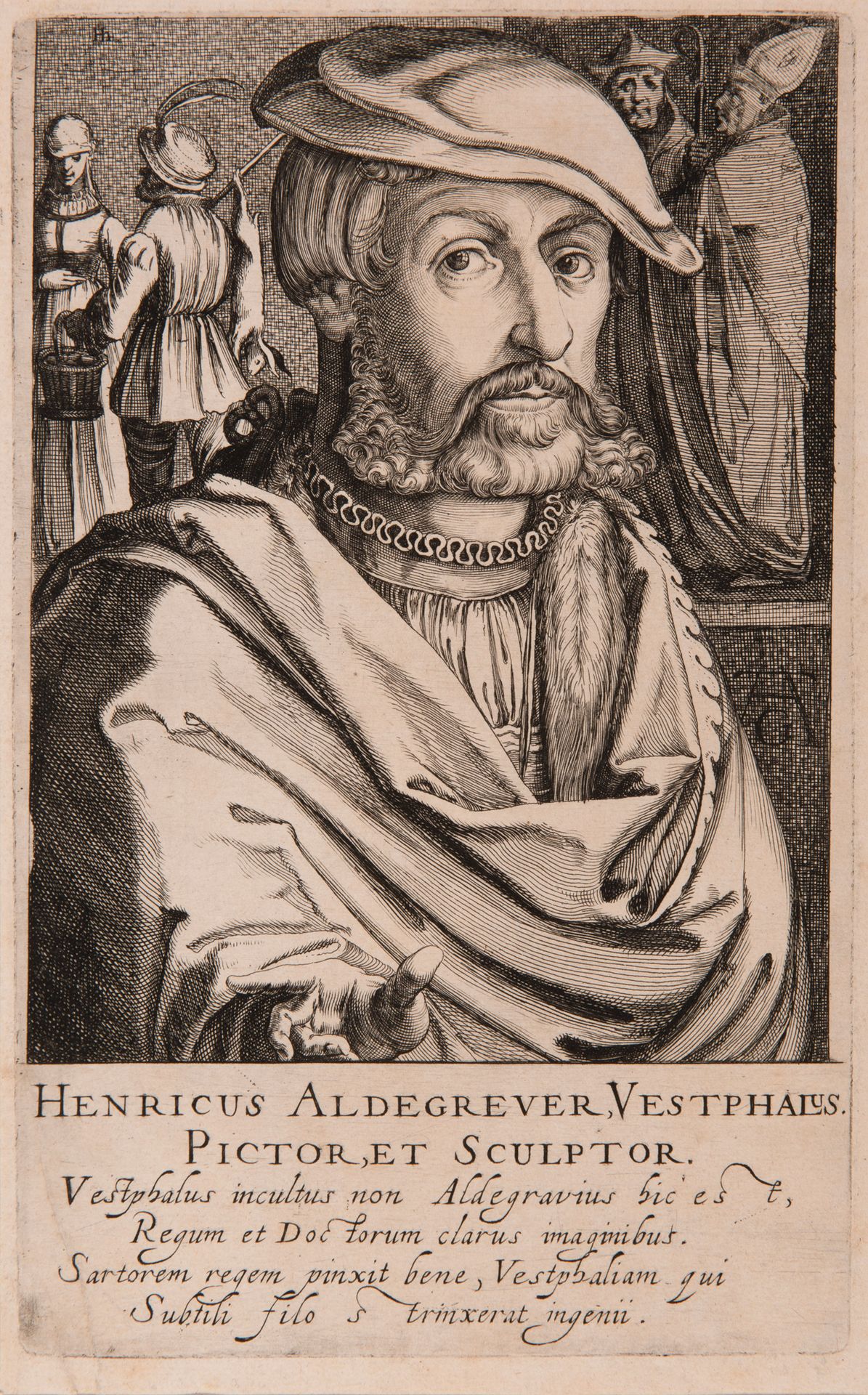 HENDRICK I HONDIUS (1573-1650) 
海因里希-阿尔德格雷弗的自画像，1610年
布林雕刻。
期间版本。
左上角有图案。
折叠。
20&hellip;