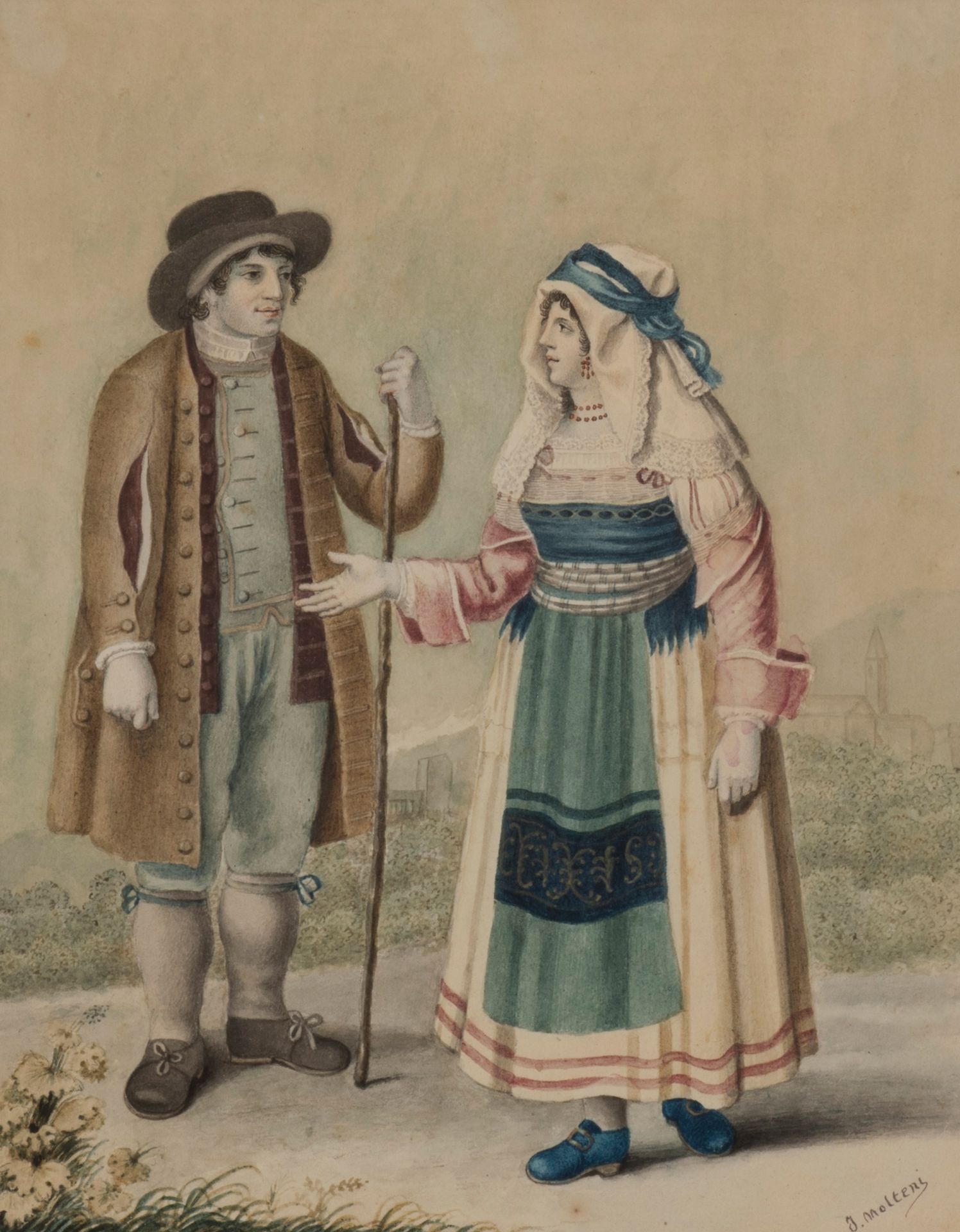 École italienne 穿着服装的情侣，拿着棍子的男人
纸上水彩画一对，第一幅右下角有签名 Giuseppe Molteni（1800-1867）。
带&hellip;
