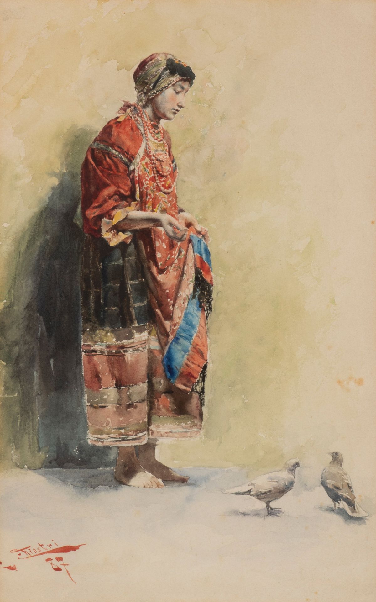 Carlo CHIOSTRI (1863-1939) 
有鸽子的女人，1887年
纸上水彩画，左下角有签名和日期。
有框架。
34.5 x 28 cm