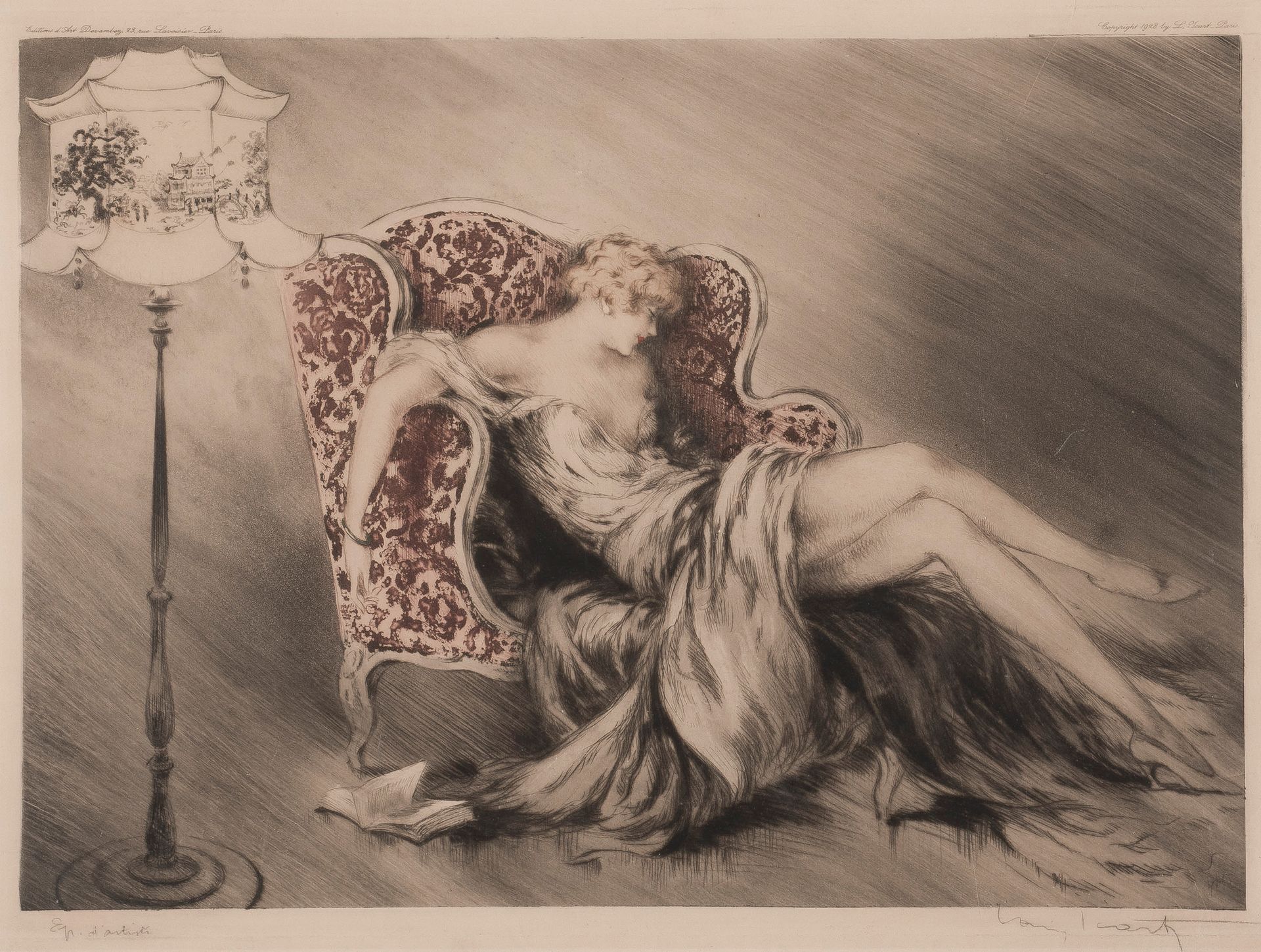 Louis ICART (1888-1950) 
In the Nest/Demoiselle au chapeau, c. 1922
Etching and &hellip;