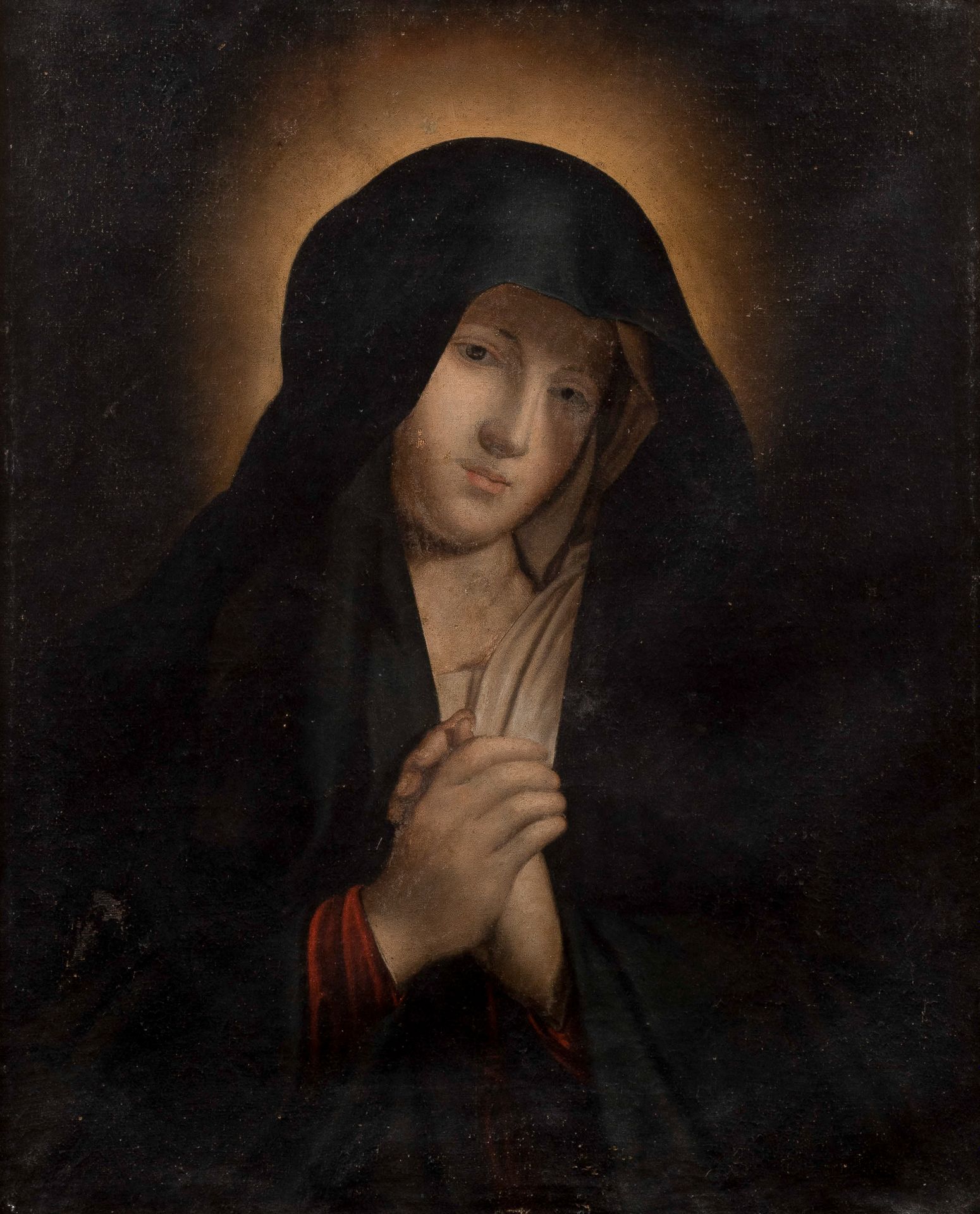 ÉCOLE DU XIXÈME SIÈCLE, D'APRES SASSOFERRATO 圣母在祈祷
布面油画。
带框。
76 x 62 cm