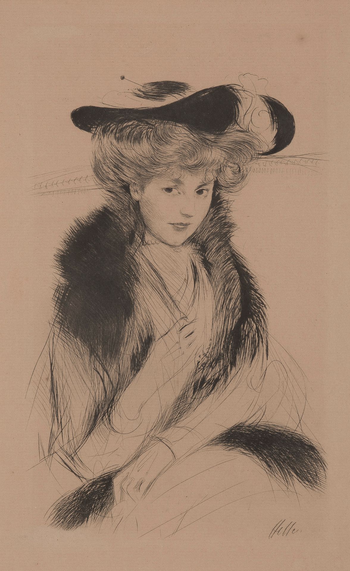 Paul César HELLEU (1859-1927) 
戴帽子的优雅女人。
干版画。
右下角有签名。
有框架。
41 x 26 cm