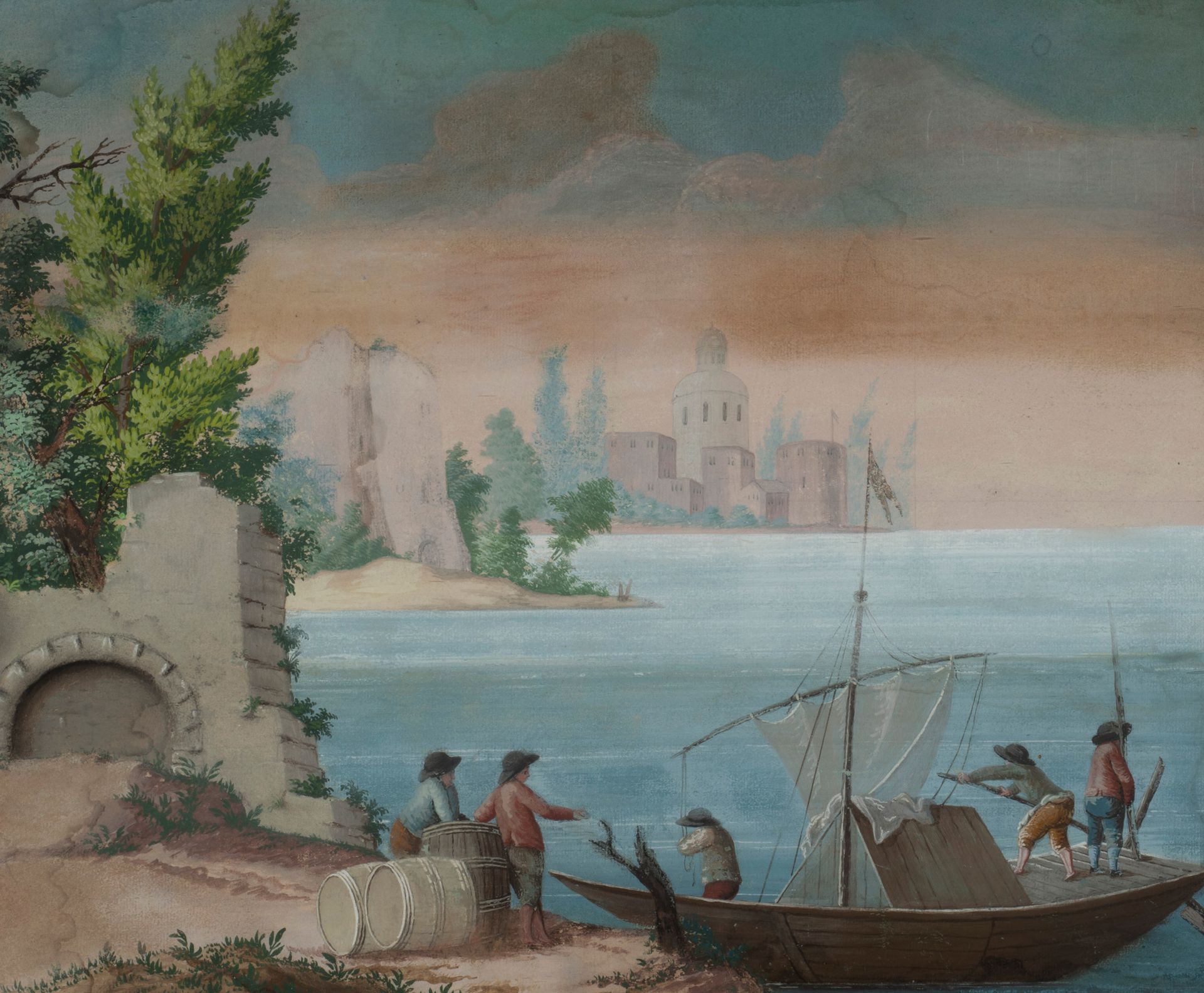 Ecole du XIXème siècle 景观
一套五幅水粉画和水彩画，纸上。
有框架。
46 x 55厘米（2）；42 x 55厘米（3）。