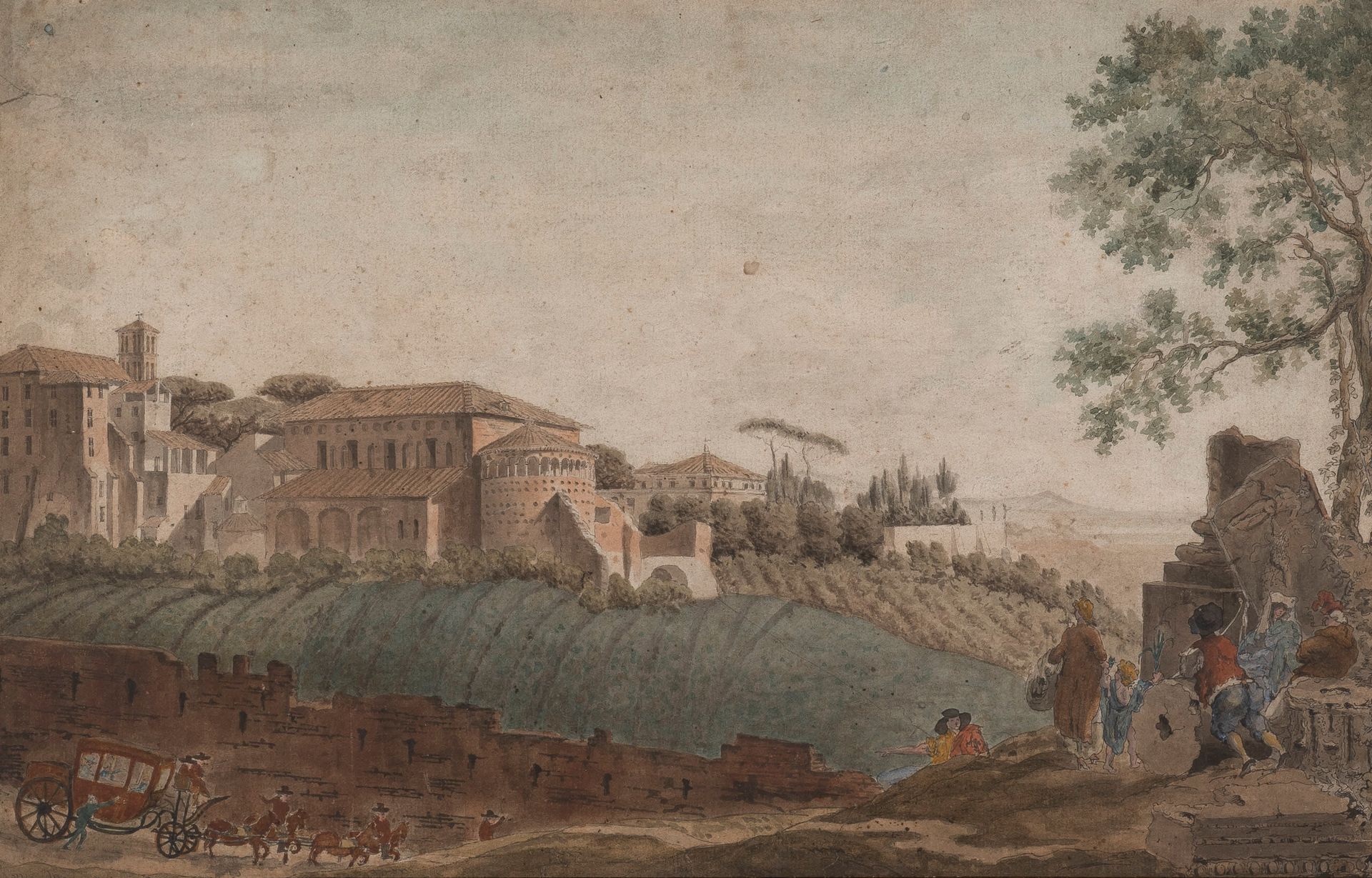 Ecole Francaise vers 1840 
Basilique de Sainte Agnès hor les murs à Rome
Lavis e&hellip;