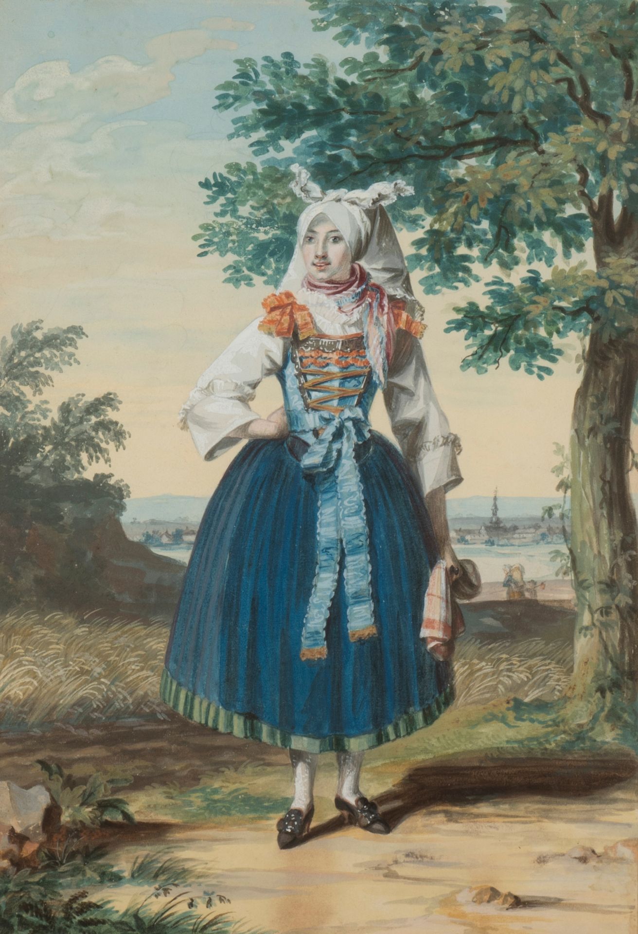 Ecole du XIXème siècle Frau im Kostüm
Aquarell auf Papier.
Gerahmt.
26 x 19 cm