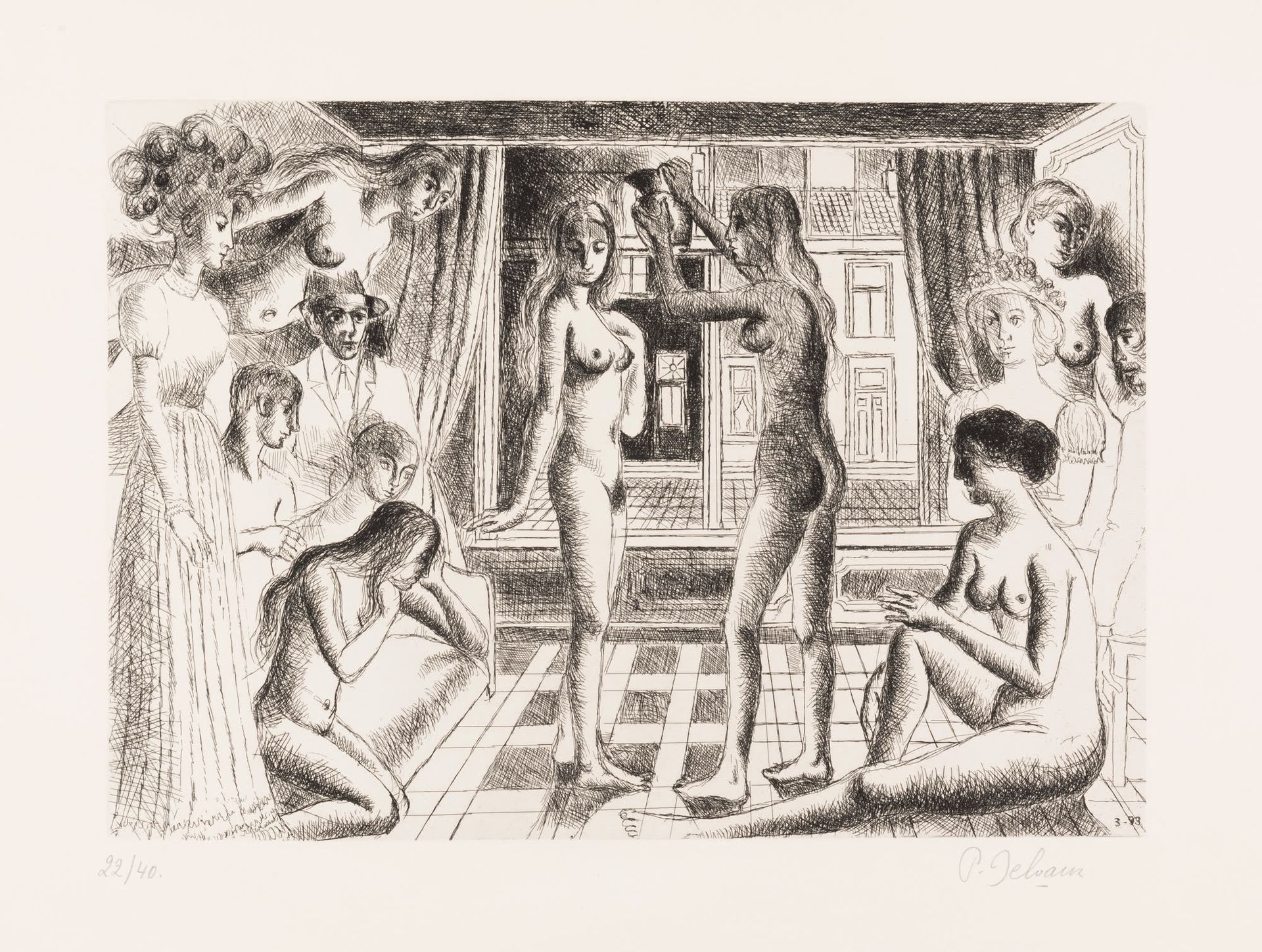 Paul DELVAUX (1897-1994) 
黑色蚀刻版画。
签名并编号为22/40。
版画中的日期。
Zwart版画。
Gesigneerd en ge&hellip;