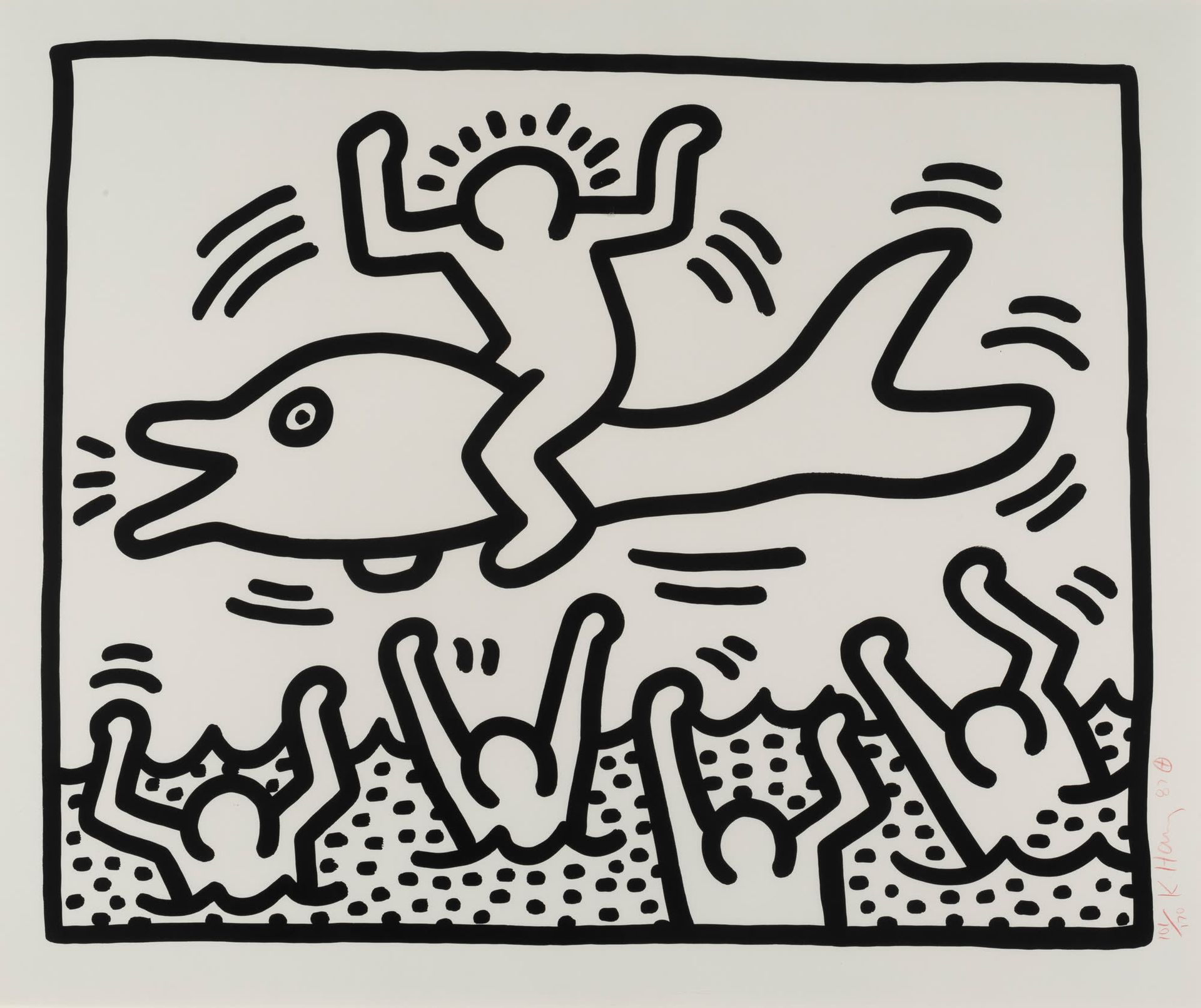 Keith Haring (1958-1990) 无题（多芬河上的人），1987年。
石版画。
边上有101/170的签名、日期和红色编号。
彩色石版画。
Ge&hellip;