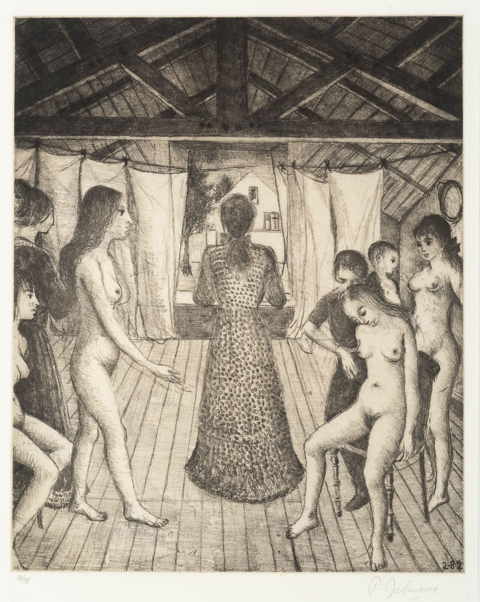 Paul DELVAUX (1897-1994) The Attic, 1982.
Soft varnish.
Signed and numbered 16/7&hellip;