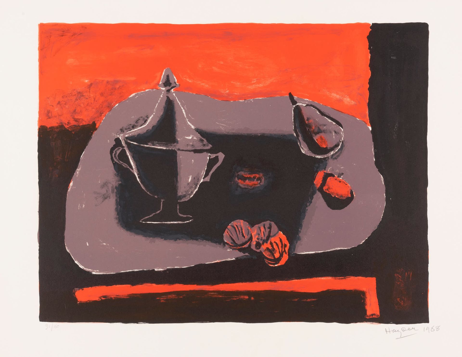Henri HAYDEN (1883-1970) 静物与汤缸，1968年。
彩色石板画。
签名，标题，日期和编号91/150。
Kleurenlithograf&hellip;