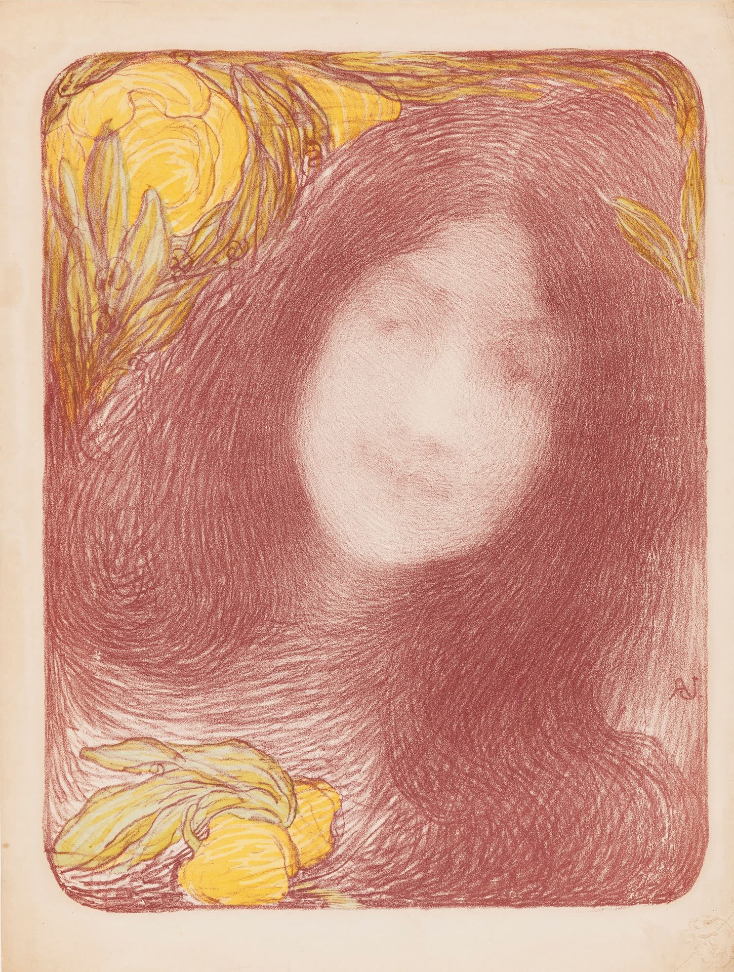 EDMOND AMAN JEAN (1856-1936) 在花下，1896年。
彩色石版画。
在版上签名。
Ed. L'Estampe Moderne.
彩色石&hellip;