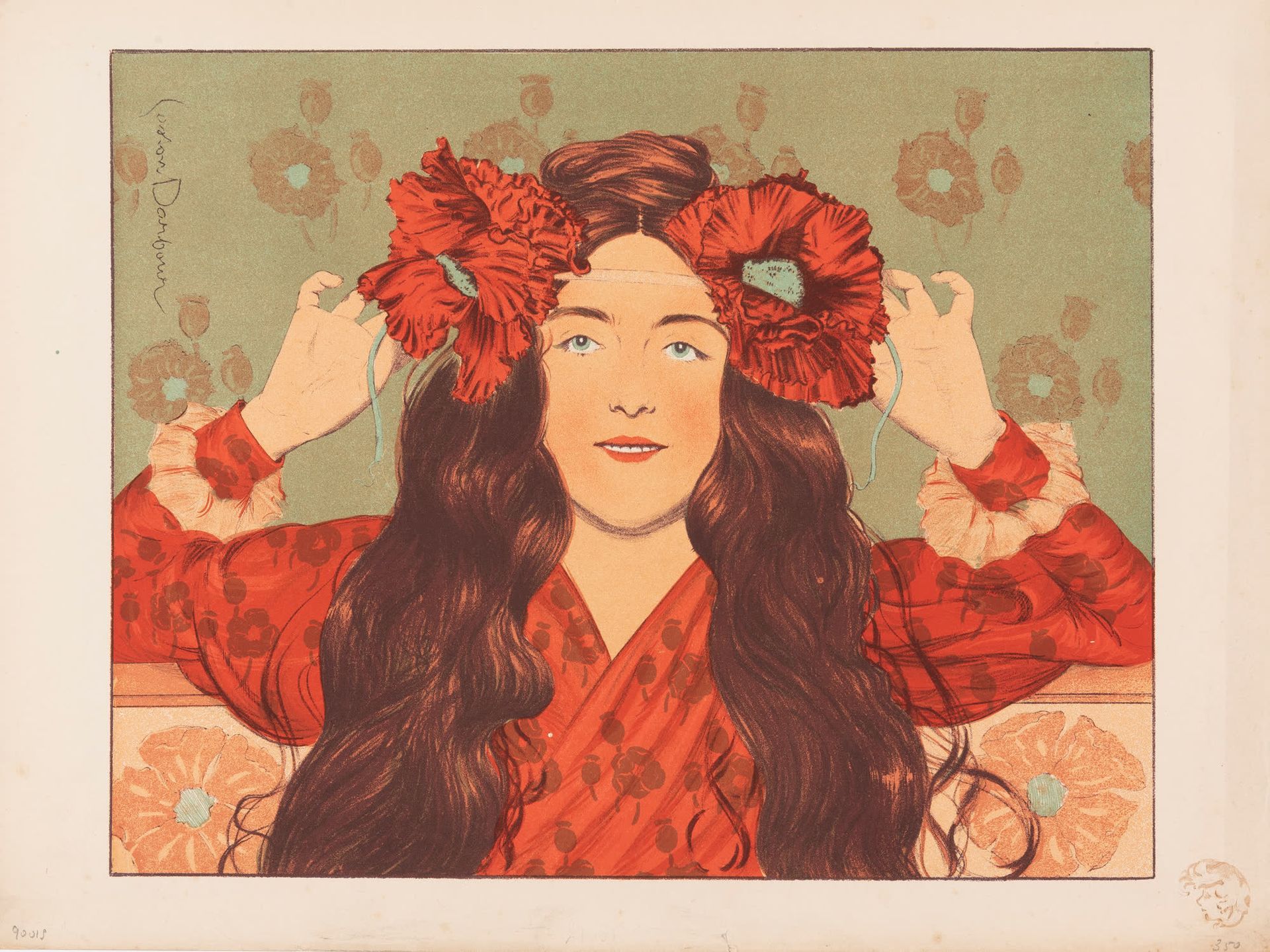 GASTON DARBOUR (1969-1964) 年轻女孩与罂粟花，1897年。
彩色石板画。
在版上签名并盖上Morderne印刷公司的干章。
彩色石板画&hellip;