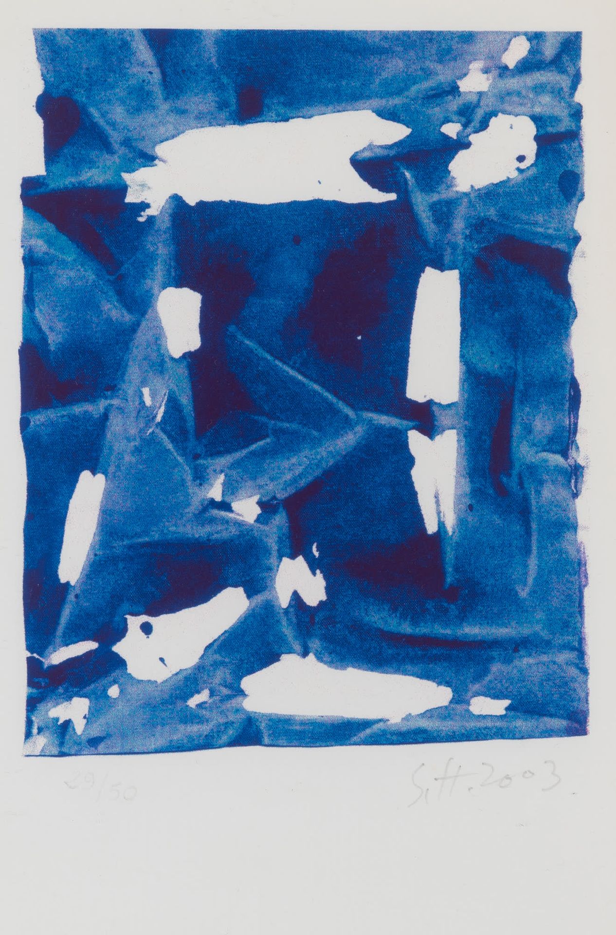 Simon HANTAI (1922-2008) 蓝色构图，2003年。
彩色丝网印刷。
签名和编号29/50。
Zeefdruk in kleur。
Gesi&hellip;