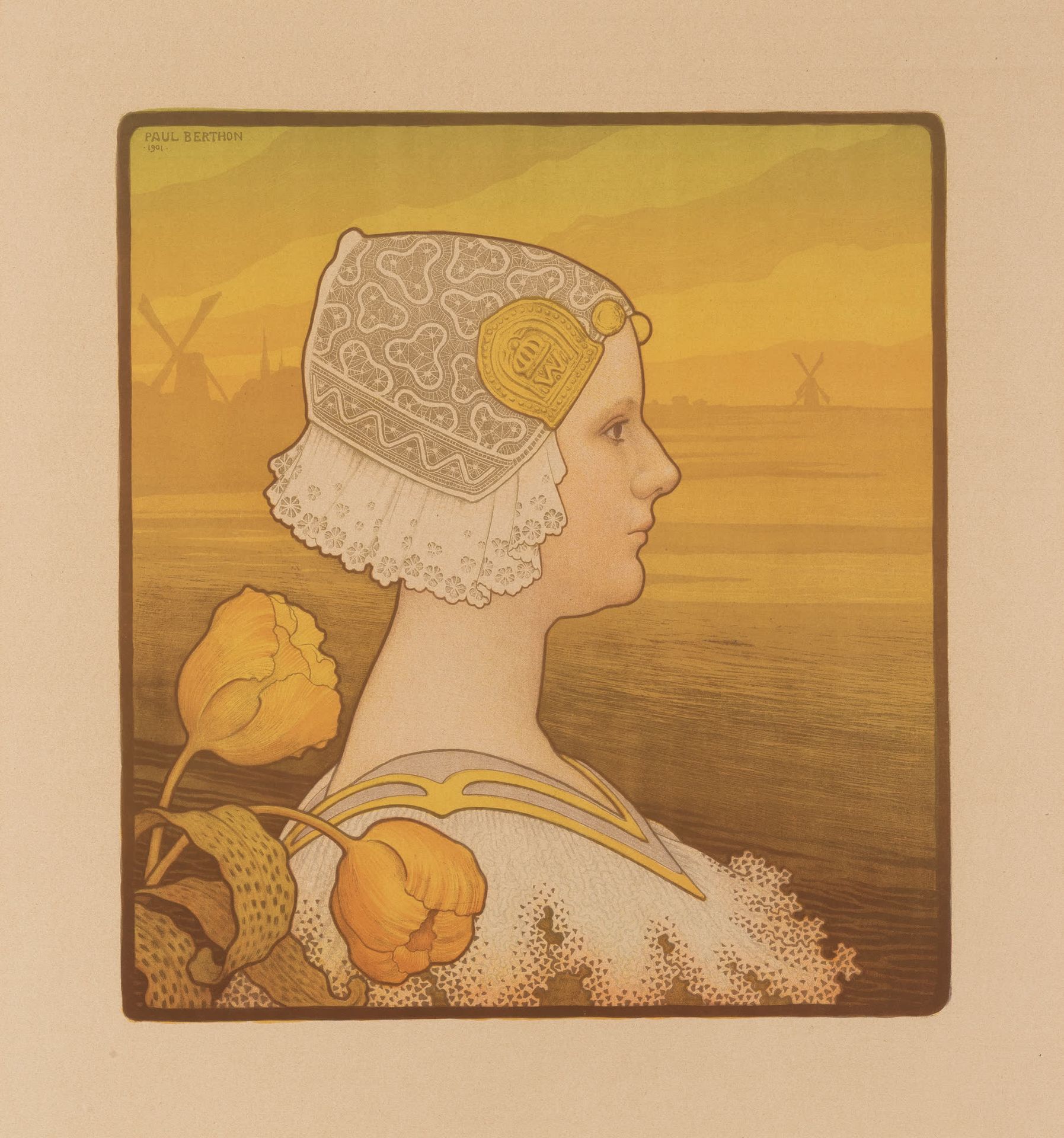 PAUL EMILE BERTHON (1946-1909) 她最亲切的陛下Wilhemine女王。
上釉的牛皮纸上的彩色石版画。
Lithografie in&hellip;