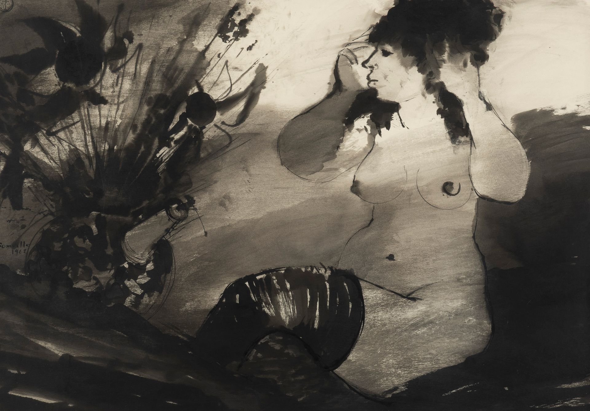 ROGER SOMVILLE (1923-2014) Nudo femminile con bouquet, 1962.
Inchiostro e lavagg&hellip;