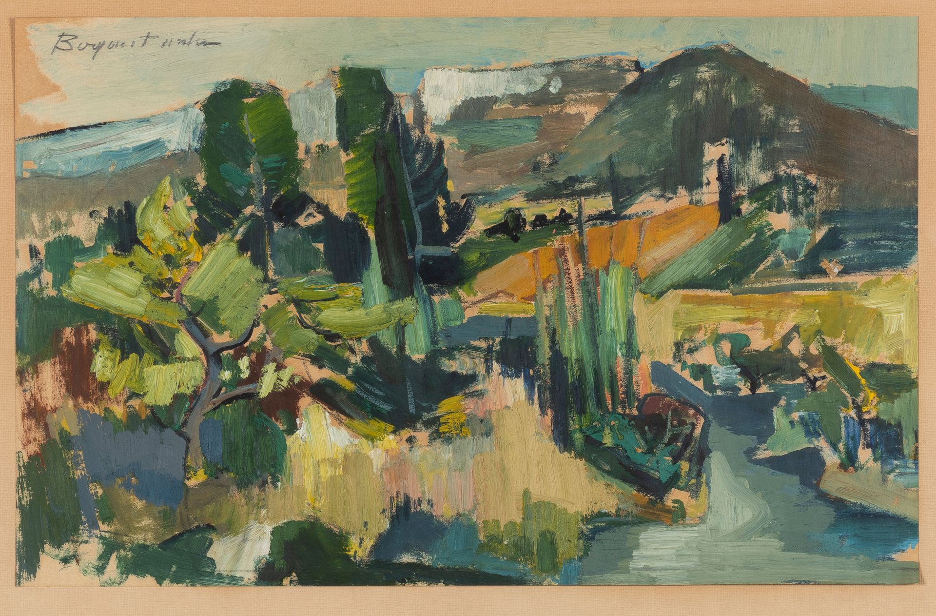 ANDRE BOGAERT (1920-1986) 
景观。

纸上油彩。 

左上方有签名。 

纸张上的文字。 

链接的内容。 

30 x 47,5 c&hellip;