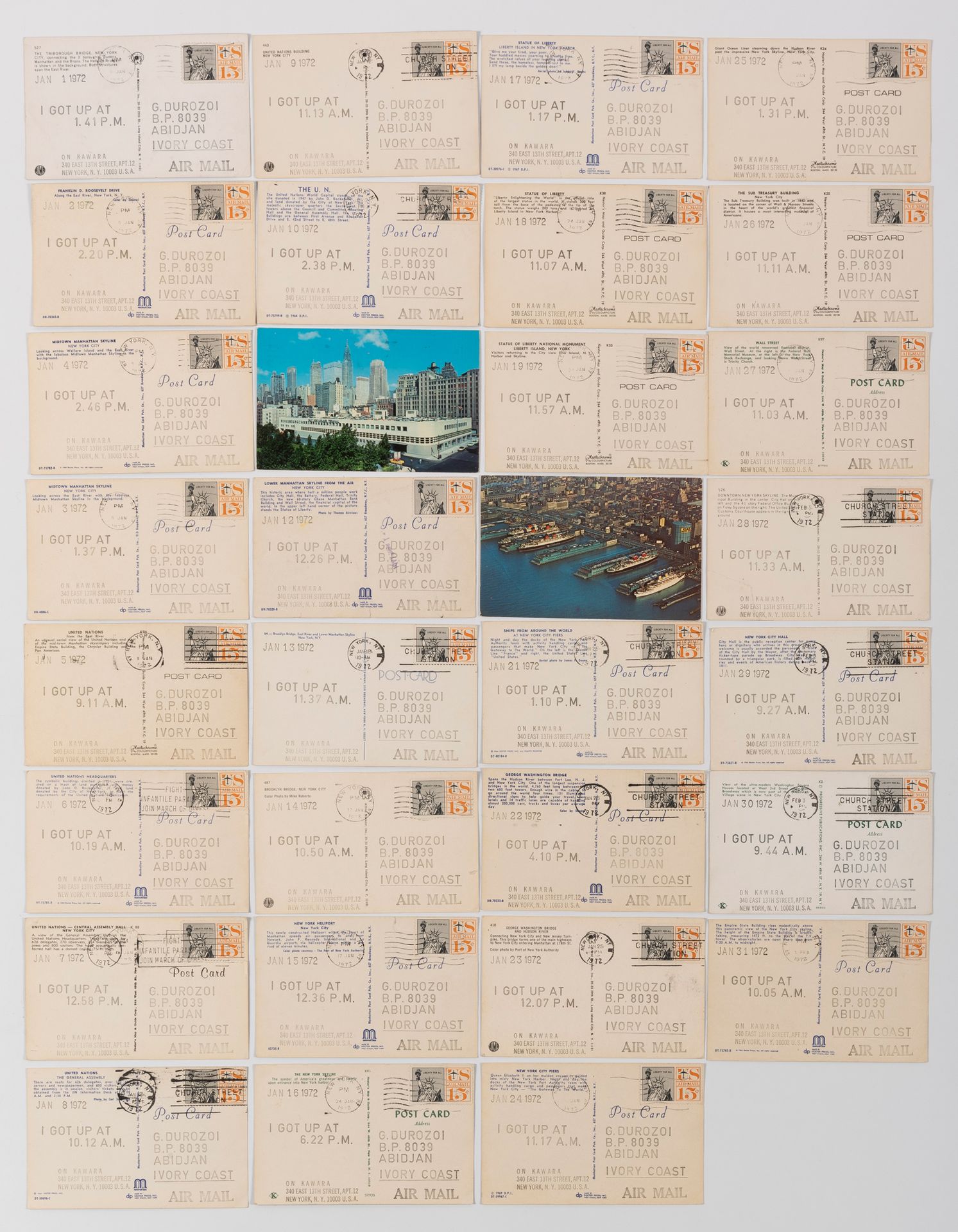 ON KAWARA (NÉ EN 1933) 
I GOT UP, 1972 31 Farbpostkarten aus der Serie "I GOT UP&hellip;