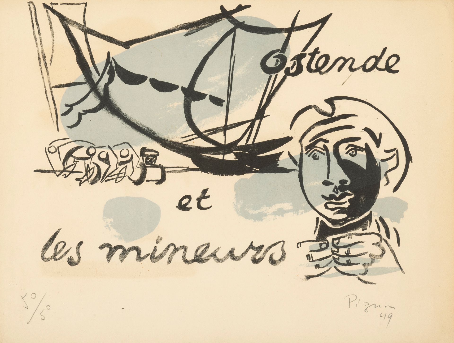 Edouard PIGNON (1905-1993) 奥斯坦德和矿工，1949年。
彩色石板画。
签名、日期和编号为50/50。
彩色石板画。
Gesignee&hellip;