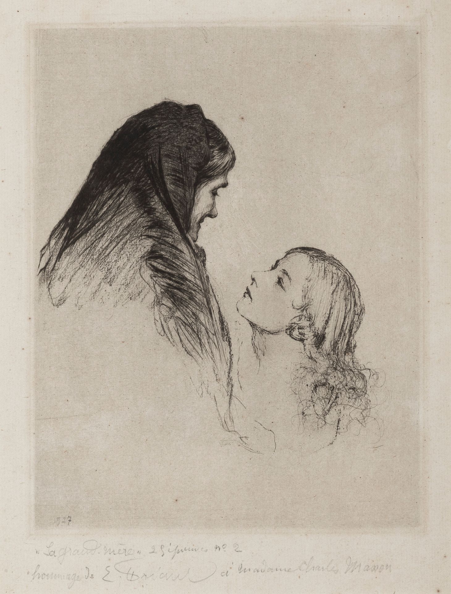 Émile FRIANT (1863-1932) La grand-mère, 1927.
Eau-forte en noir.
Datée et annoté&hellip;