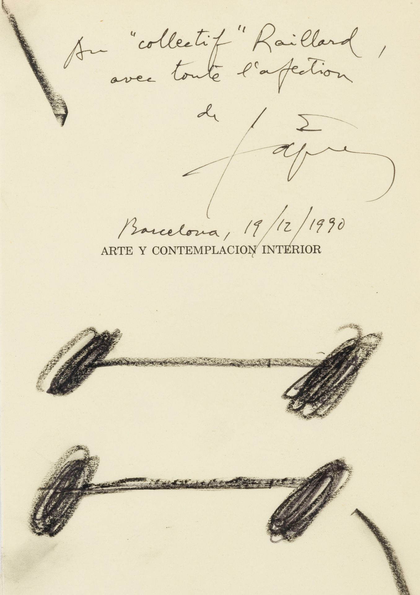 ANTONI TAPIES (1923-2012) 无题》，1990年。
扉页上的炭笔字。
签名：1990年12月19日，中间上方的签名。
在一个标题中的Hou&hellip;