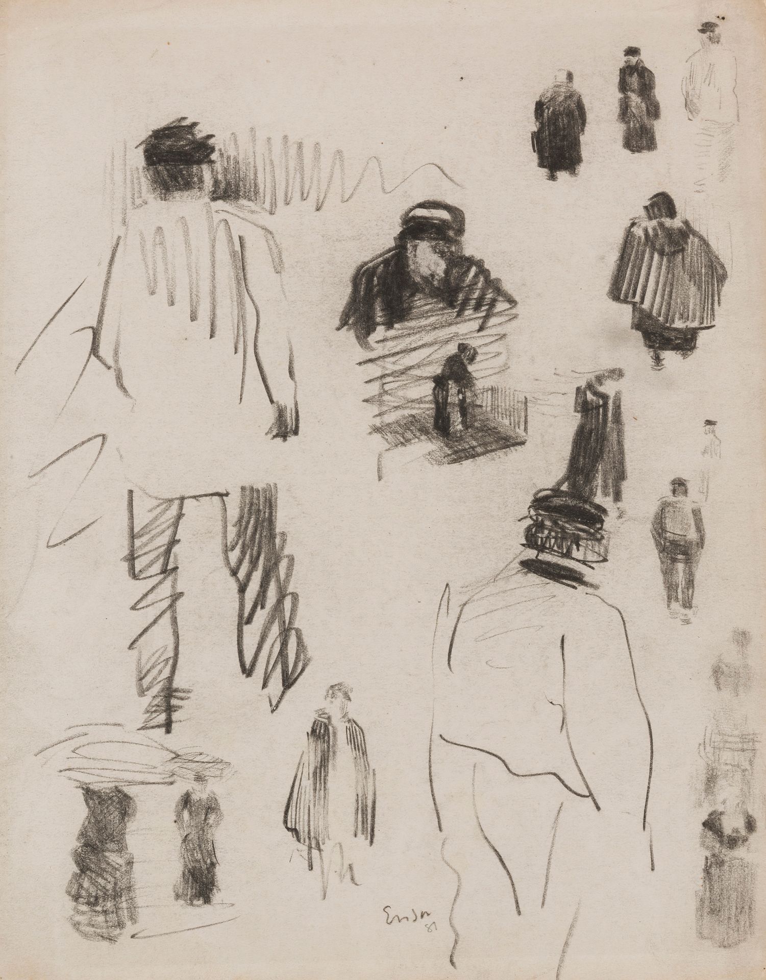 JAMES ENSOR (1860-1949) "Character Studies", 1881 Grease pencil on paper. Signed&hellip;