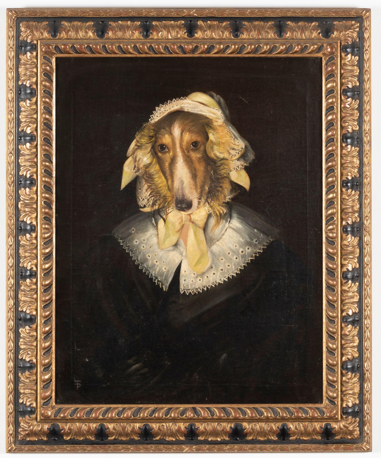 THIERRY PONCELET (né en 1949) Porträt einer Elegantin mit Hundekopf.
Öl auf Lein&hellip;