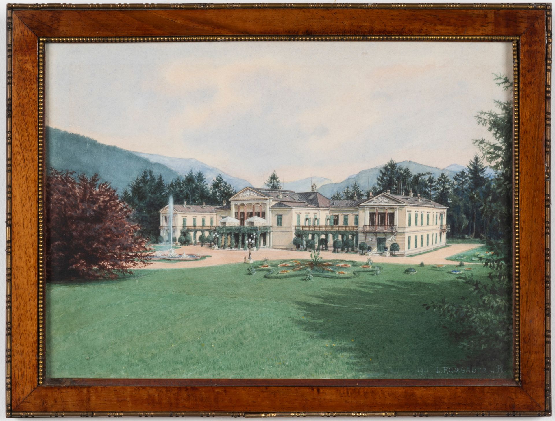 L. RUCKGABER (actif début 20e siècle) 巴德伊施尔的帝国别墅景观，1911年。
纸上水彩画。
右下方有签名和日期。
纸上水彩&hellip;