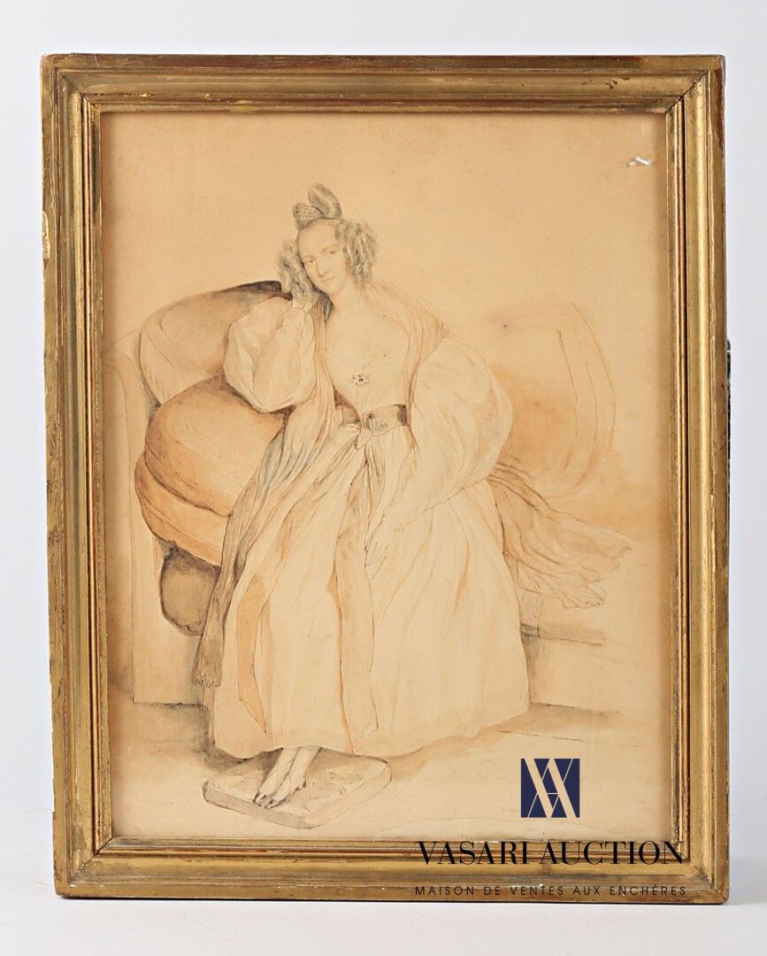 Null Escuela francesa del siglo XIX

Mujer elegante apoyada en un sofá

Acuarela&hellip;