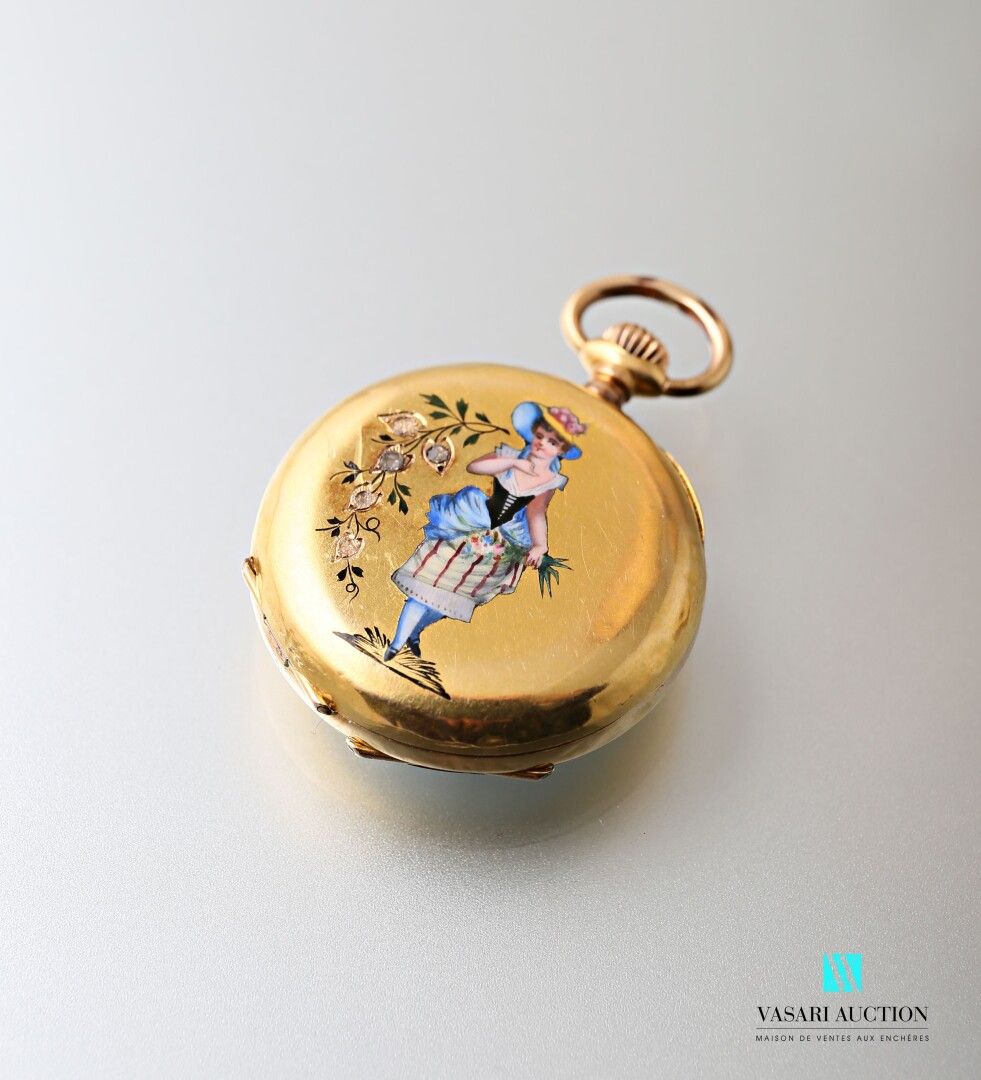 Null Reloj de cuello de oro amarillo de 750 milésimas, fondo con decoración esma&hellip;