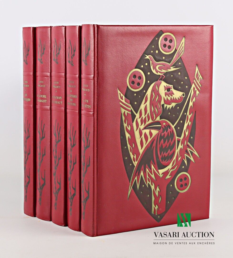 Null 路易斯-佩尔高，《作品集》，Martinsart出版社，1965年，四开五卷，用酒红色的天空装订，上面有狗、弹弓和鸟的装饰，是根据装订大师普拉什的作品&hellip;