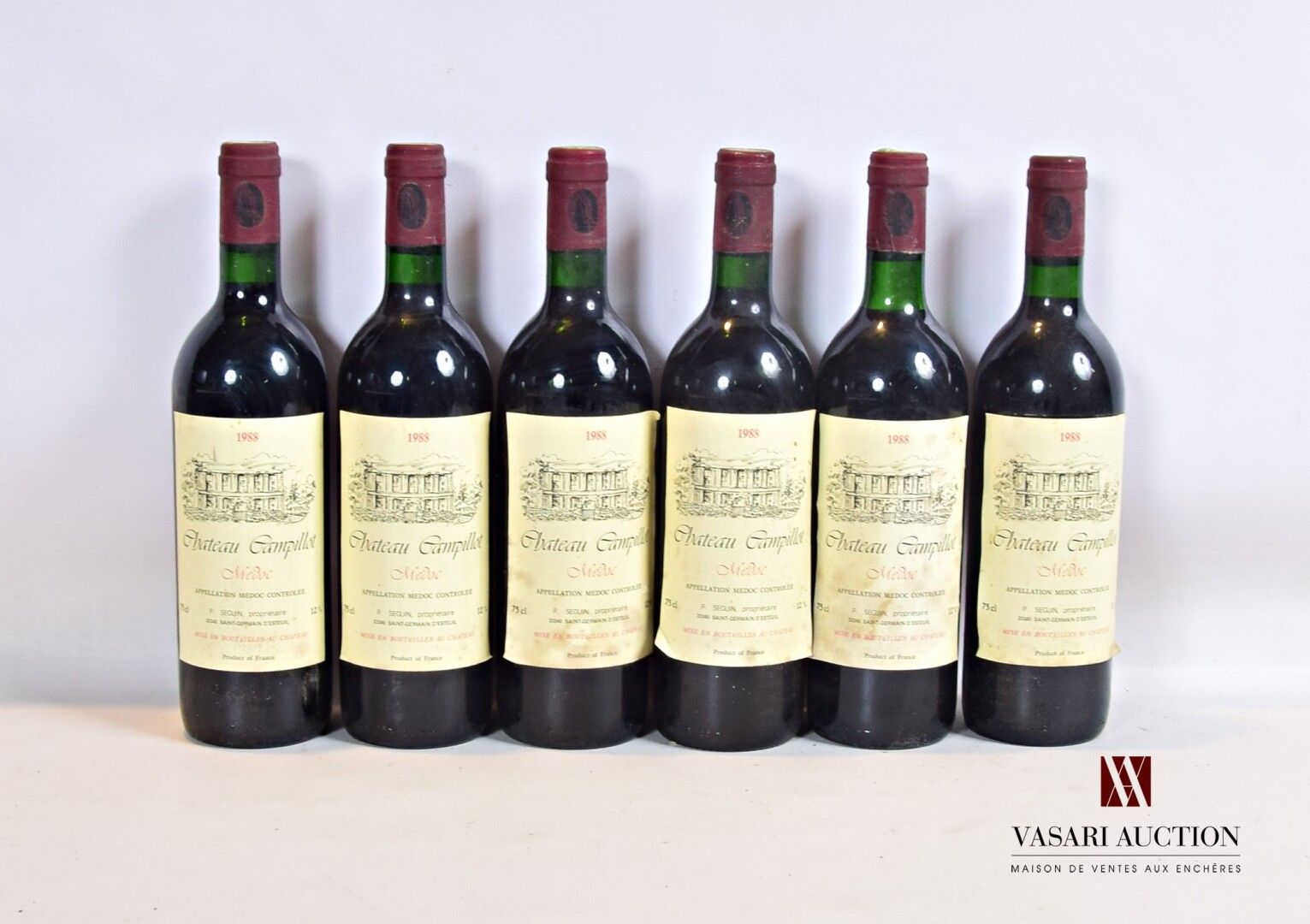 Null 6 bouteilles	Château CAMPILLOT	Médoc	1988

	Et. Plus ou moins tachachées. N&hellip;