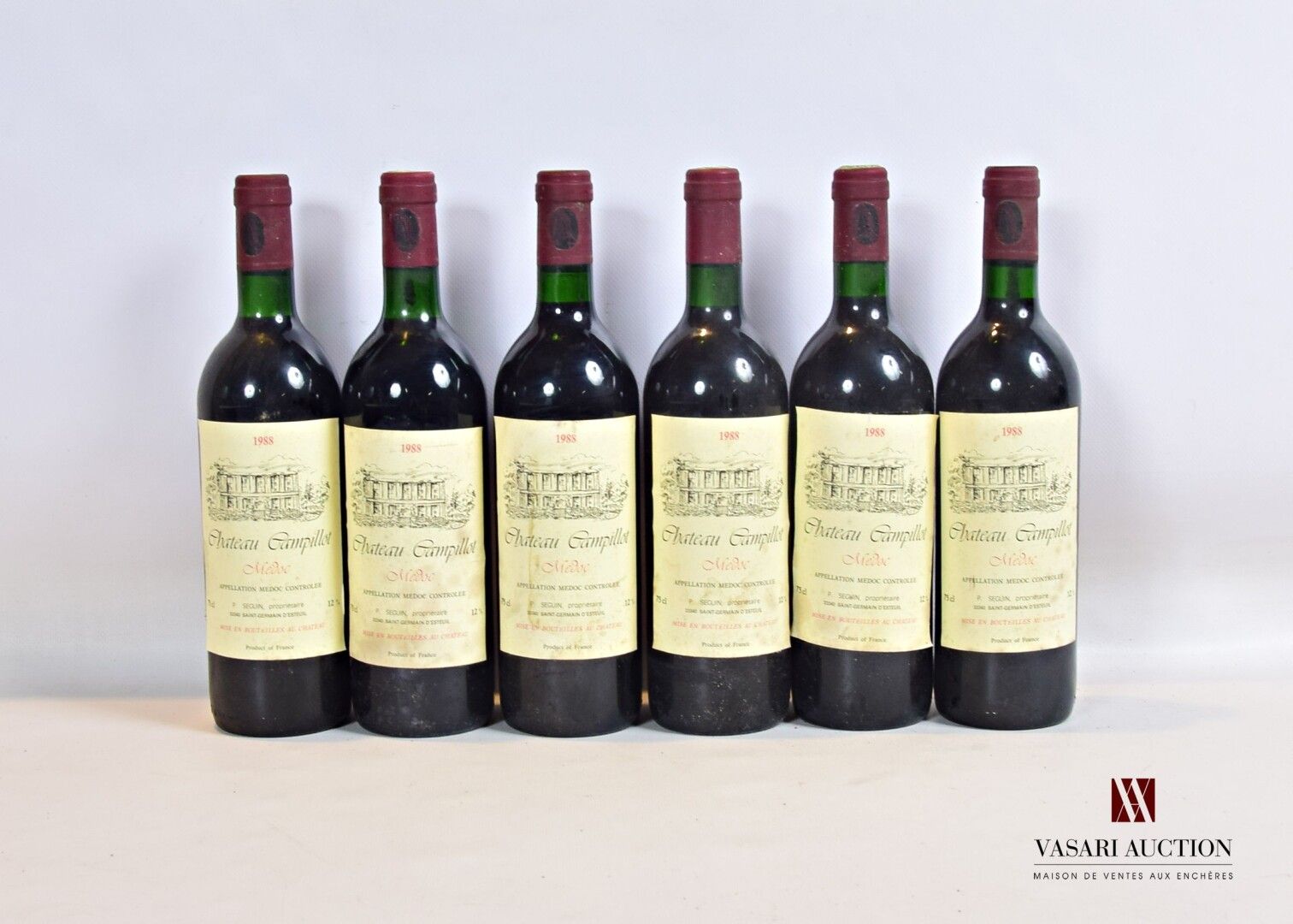 Null 6 bouteilles	Château CAMPILLOT	Médoc	1988

	Et. Plus ou moins tachachées. N&hellip;