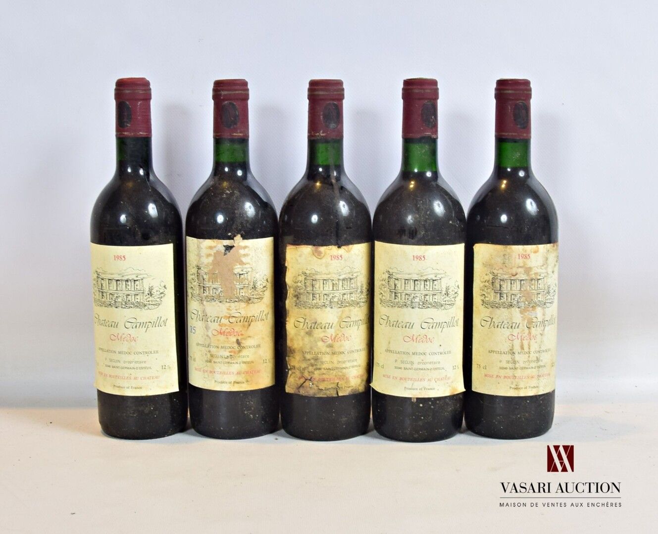 Null 5 bottles Château CAMPILLOT Médoc 1985

	Et: 2 a little stained, 3 stained,&hellip;