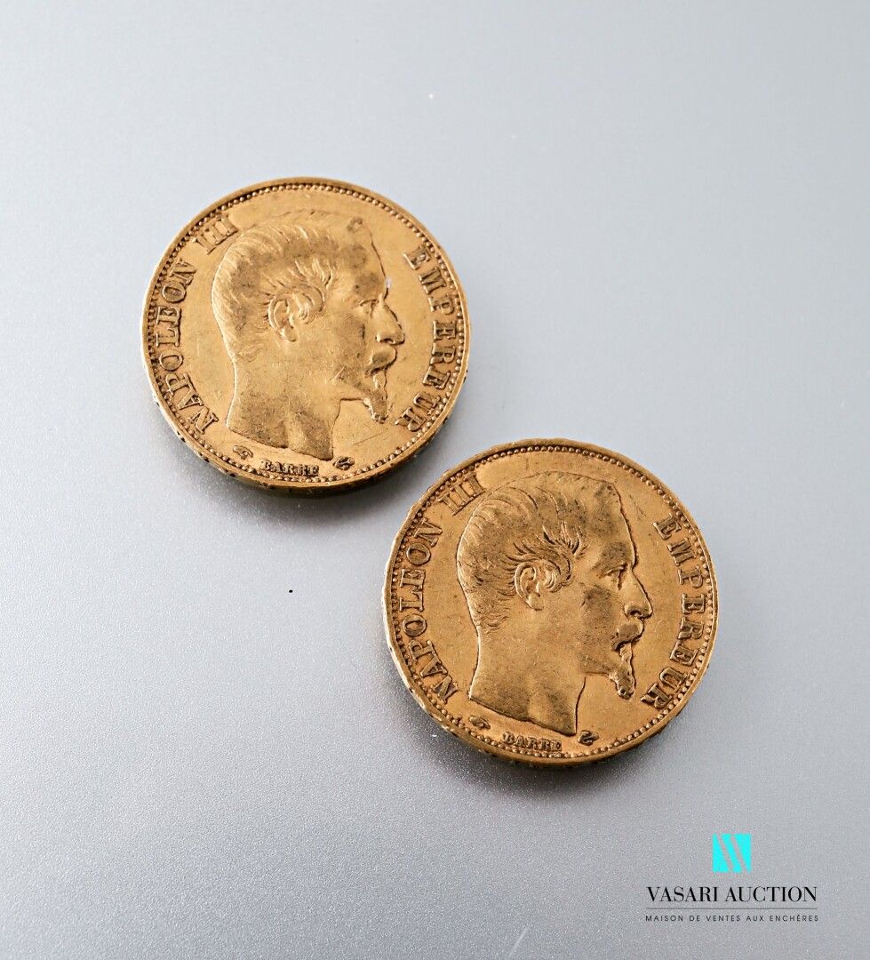 Null Dos monedas de oro de 20 francos con la cabeza desnuda de Napoleón III grab&hellip;