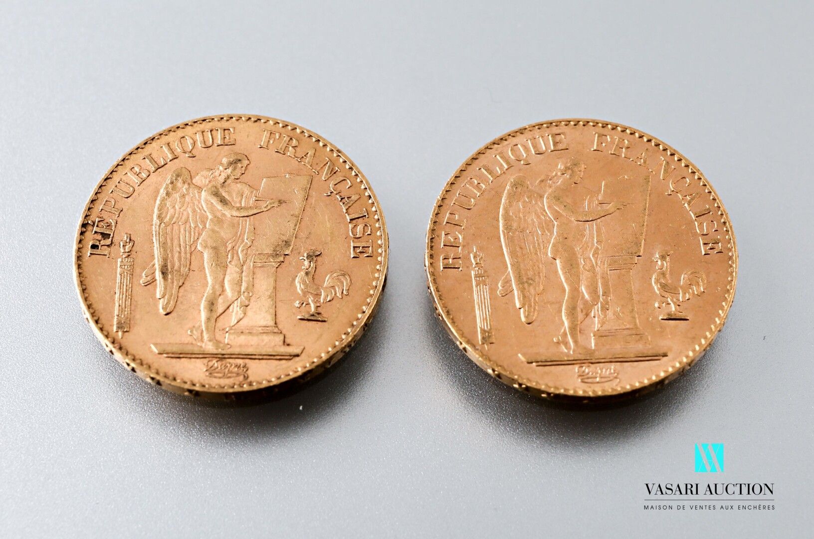 Null Deux pièces en or de 20 francs figurant le Génie d'après Augustin Dupré, 18&hellip;