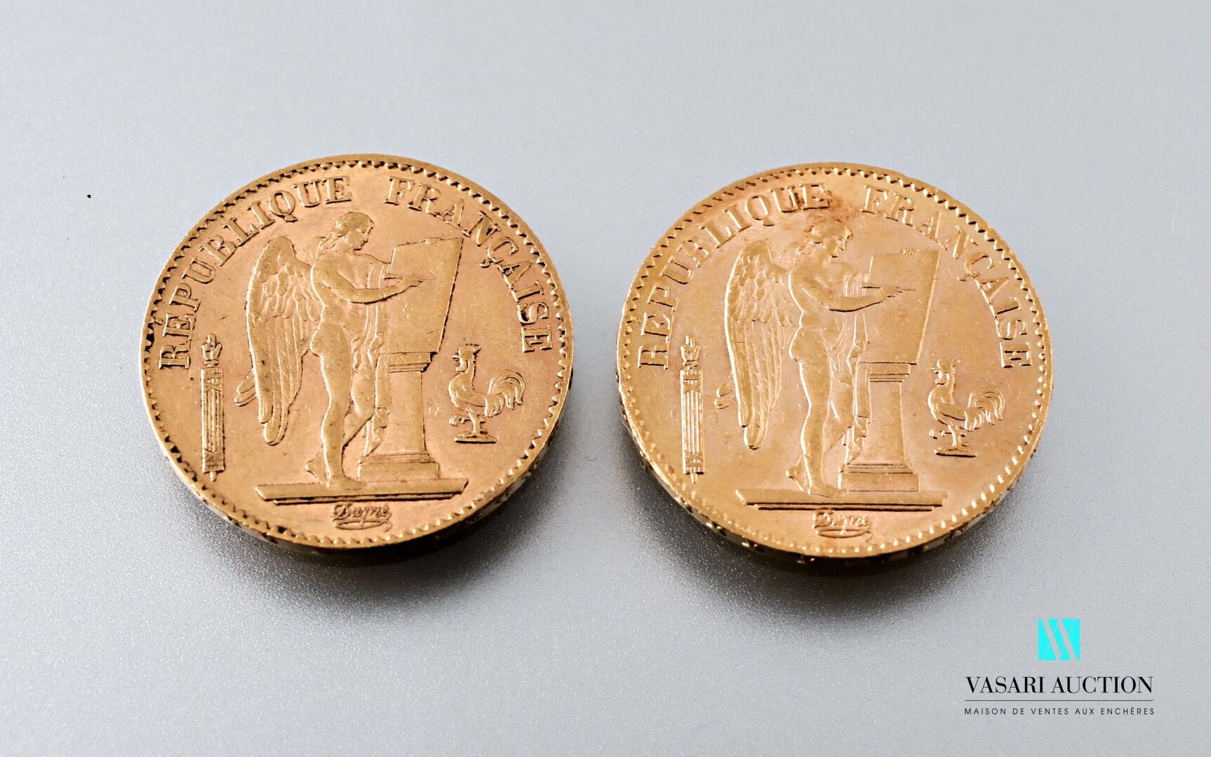 Null Two 20 franc gold coins featuring the Genie after Augustin Dupré, 1895, wor&hellip;