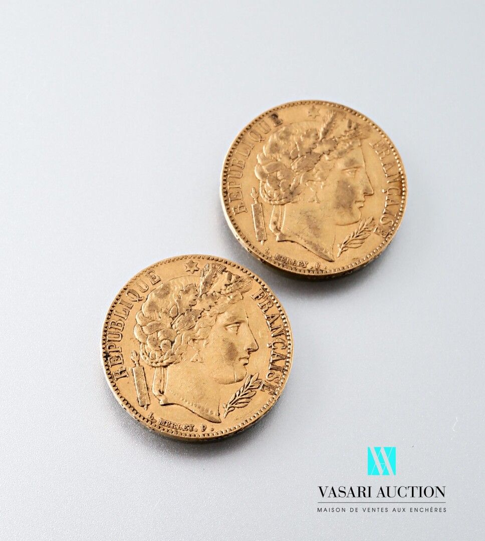 Null 两枚20法郎的金币，图案是路易-梅里雕刻的塞雷斯，1851年，A车间（巴黎）。

重量 : 12,82 g