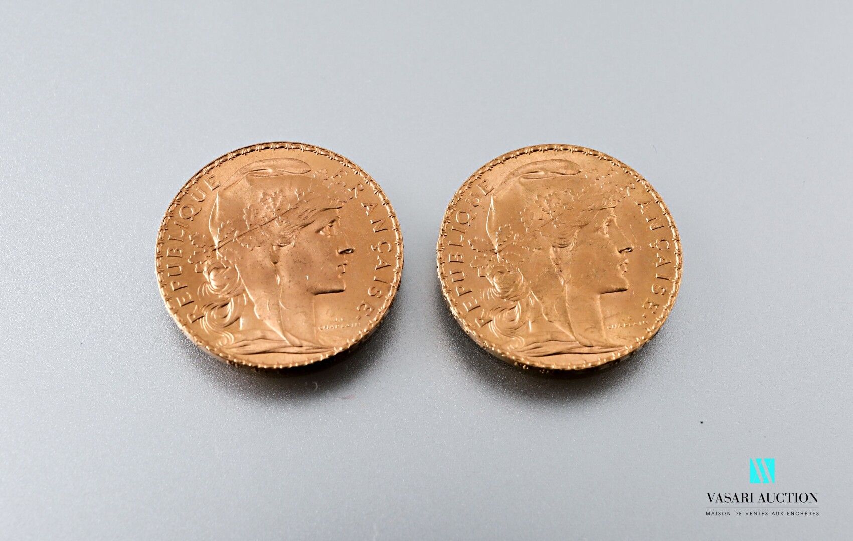 Null 两枚以玛丽安和公鸡为主题的20法郎金币，出自儒勒-克莱芒-查普兰之手，1908年

重量 : 12,91 g